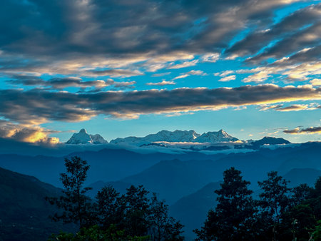 Mountain landscape at Sunrise over the Himalayas in Nepalの写真素材