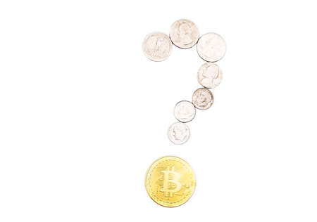 Bitcoin coin question symbol white backgroundの写真素材