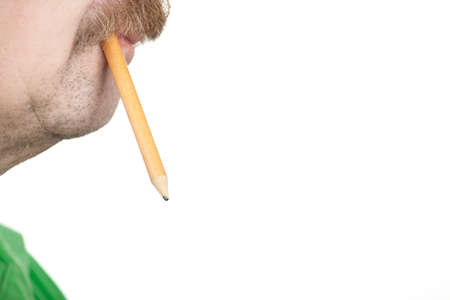 man pencil mouth white backgroundの写真素材