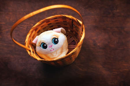 toy rabbit basket wooden tableの写真素材