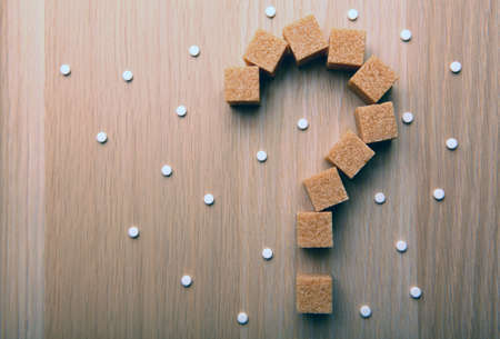 cane sugar question mark wooden tableの写真素材