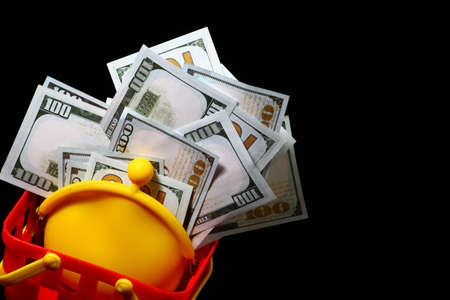 yellow purse money dollar plastic basket dark background