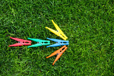 clothespin arrow symbol green grass background nobodyの写真素材