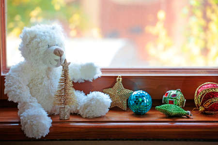 wool bear miniature fir tree gold star ball window backgroundの写真素材