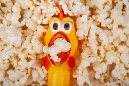 image of pop corn rubber chicken white backgroundの写真素材