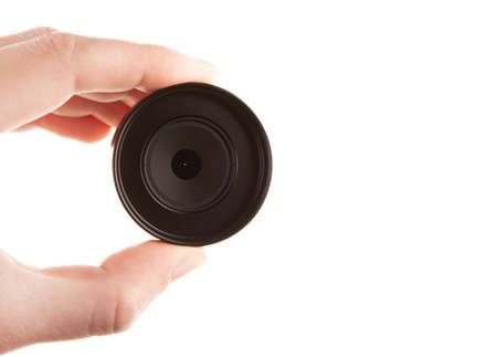 image of photo lens hand white backgroundの写真素材