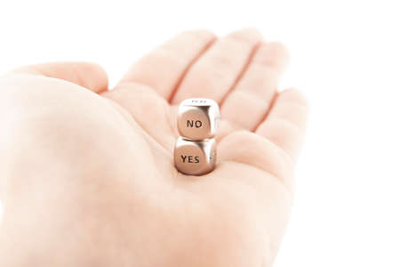 image of hand cube yes no text white background