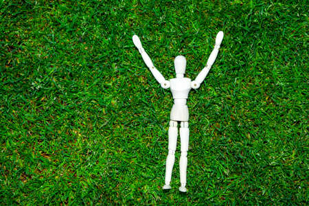 image of wooden mannequin grass backgroundの写真素材
