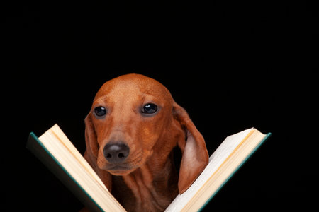 image of dog book dark backgroundの写真素材