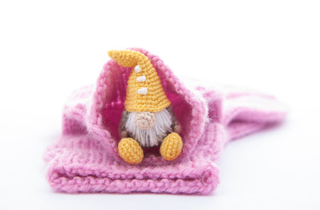 image of wool toy inside socks on white background