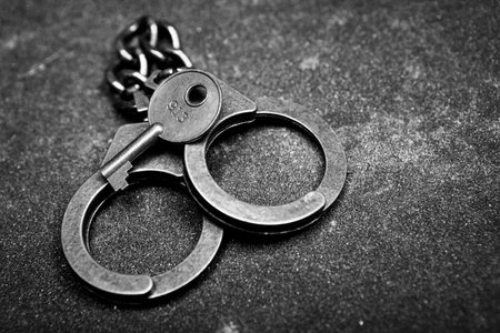 image of handcuffs key asphalt background