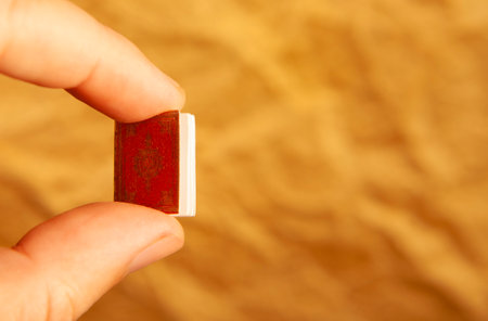 Hand holding a red book on a golden background. Close up.の写真素材