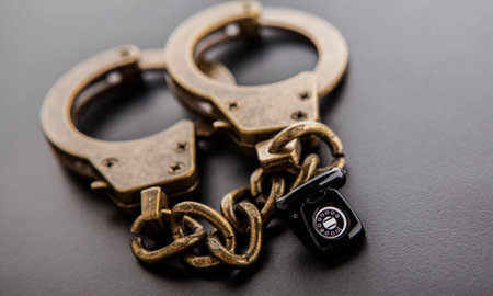 Handcuffs and key on a black background. Close-up.の写真素材