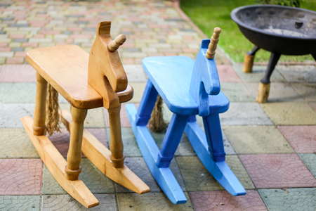 A pair of handmade wooden horses.の写真素材