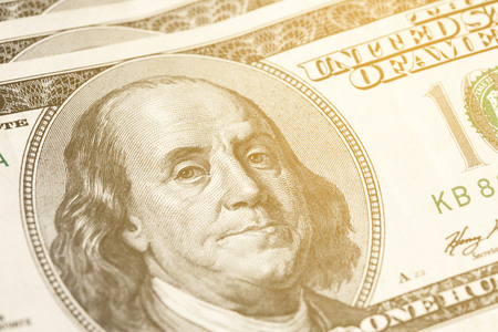 Macro close-up of Benjamin Franklin's face on the US $100 dollar bill. Tonedの写真素材