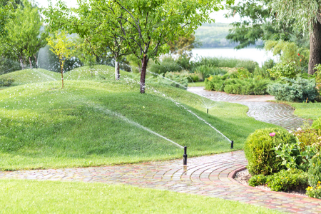 Automatic sprinklers watering modern fruit garden with hills covの写真素材