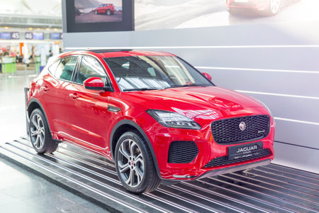 BORYSPIL AIRPORT, UKRAINE - January 26, 2018: Jaguar E-Pace R-dynamic sport version exhibited at Kiev internatiol airport Boryspilのeditorial素材