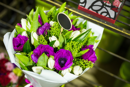 Beautiful bouquet of fresh flowers in boxes. Florist service concept. Retail and gross cut flower store concept. Flowermarket background.の写真素材