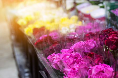 Beautiful fresh red roses at flowermarket. Wholesale flower shop. Retail and gross cut flower store concept.の写真素材