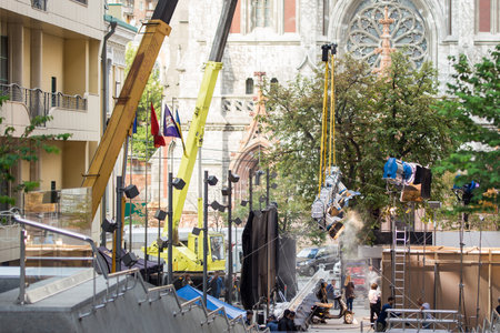 Kiev, Ukraine - July 15, 2017 Outdoors movie set. Cinema production scene at city street.  Candid real filmmaking.のeditorial素材