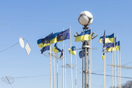 Kiev,Ukraine - May 06, 2017: European square in centre of Ukrainian capital Kyiv. Lots of ukrainian and EU flags. City hosting the final of UEFA champions league cup final 2018のeditorial素材