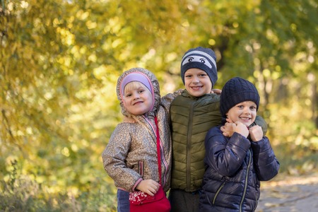 Group of happy three kids having fun outdoors in autumn park. Cute children enjoy hugging together against golden fall background. Best frend forever and happy childhood concept.の写真素材
