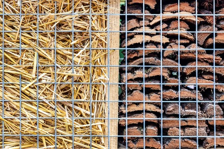 Close-up part of craft hotel or house for wild bees and other insect made of natural eco materials....
