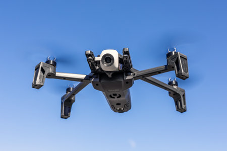 26th October 2018 - Kiev,Ukraine: New 2018 Parrot anafi drone flying against blue clear sky on...