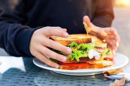 Close-up kid girl hand eating hamburger with ham and fresh vegeatables at cafe on bright sunny day outdoors. Fast food children unhealthy diet. Snack for having lunch at picnic.の写真素材