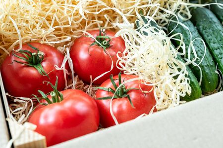 Wooden and cardboard crate box with fresh ripe tasty red tomatoes and green cucumbers with wood shavings filler delivered by unmanned shipping postage mail service. Farmers selected bio vegetables.の写真素材