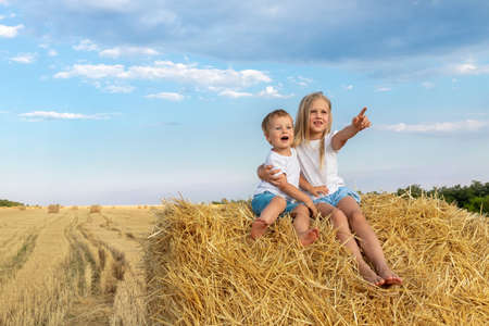 Two cute adorable caucasian siblings enjoy having fun sitting on top over golden hay bale on wheat...