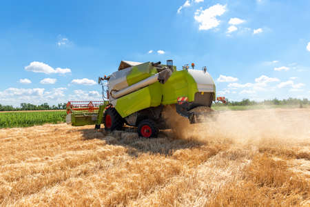 Scenic front view Big powerful industrial combine harvester machine reaping golden ripe wheat cereal field on bright summer or autumn day. Agricultural yellow field machinery landscape backgroundの写真素材