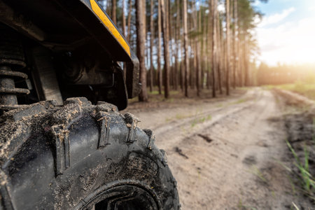 Clode-up detail of ATV awd quadbike motorcycle pov tyre view dirt country forest road beautiful nature morning sunrise landscape. Offroad travel adventure trip expedition. Extreme recreation activityの写真素材