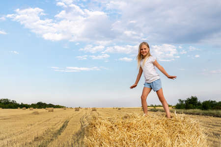 Portrait of cute little blond beautiful adorable cheerful caucasian kid girl enjoy sitting on hay stack or bale on harvested wheat field warm summer evening. Scenic rural country landscape backgroundの写真素材