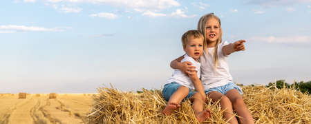 Two cute adorable caucasian siblings enjoy having fun sitting on top over golden hay bale on wheat harvested field near farm. Happy childhood and freedom concept. Rural countryside scenic landscapeの写真素材