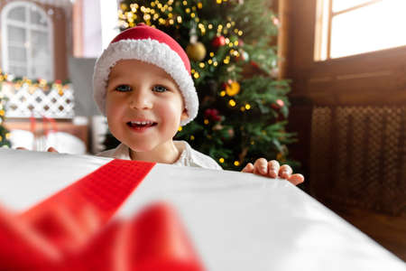 Portrait cute funny excited toddler baby boy wear santa red hat hold big white gift box christmas present against decorated Christmas tree at home morning light. Happy childhood holidays conceptの写真素材