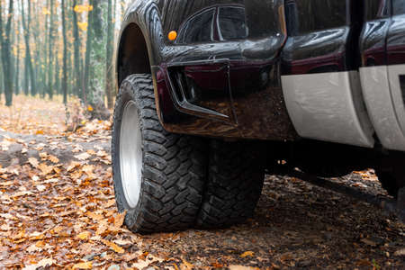 Close-up detail bottom pov view of dual twin offroad performance wheel of super heavy duty pickup truck car at autumn forest countryside driveway. Autumn weather woods offroad vehicle driveの写真素材