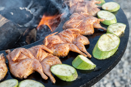 Close-up detail view of many tasty raw marinated quails and vegetables and mushrooms grilled cooked at round steel iron firepit hearth table surface brazier with burning firewoods. Barbecue yard homeの写真素材