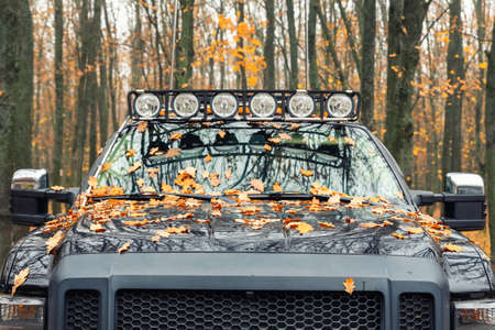 Close-up detail view of custom made roof rack bar with extra headlight mounted on roof of heavy duty pick up suv car against foggy autumn forest. Fallen leaves vehicle windshield. Fall weather driveの写真素材