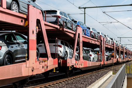 Mane new modern electric and fuel cars transportation by cargo freight train railway wagon. Railroad export and import automotive logistics service. Safety and insurance goods shipping insdustryの写真素材