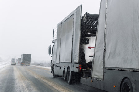 Tow truck car carrier semi trailer on highway carrying batch of new wrapped electric SUVs on motorway road at heavy snowfall in winter. Business distribution logistics service. Lorry driving highwayの写真素材