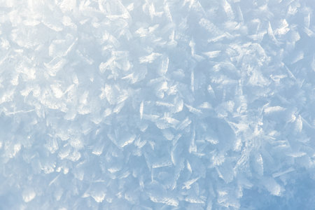 Close-up snowflakes snow abstract surface background on cold frost sunny winter day. Detail snow...