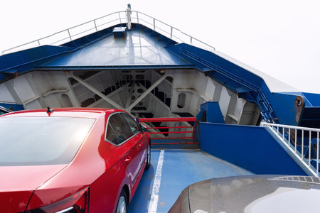 Front open door of passenger freight cargo ferry boat vessel ship with loaded cars and vehicles. Sea...