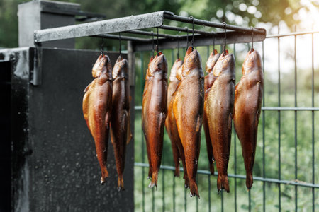 Fresh smoked rainbow trout fish hanging outdoors near smokehouse metal box. Traditional natural...