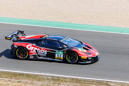 Oschersleben, Germany, May 28, 2023: Scenic motion blur view fast LAMBORGHINI HURACAN GT3 EVO 2 DTM at Oschersleben Motorsport Arena race track. European motors auto sport competitionのeditorial素材