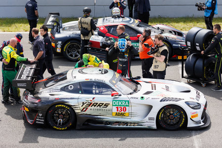Oschersleben , Germany. 29th April, 2024. Scenic view  fast Mercedes BMW Audi Lamborghini Ferrari Porsche DTM Oschersleben Motorsport Arena starting grid race track. European motors auto sport competition.のeditorial素材