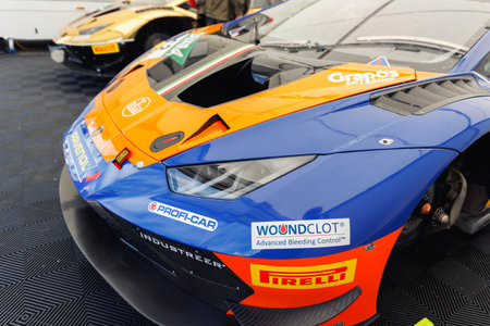 Oschersleben, Germany. 29th April, 2024.Scenic above view   LAMBORGHINI HURACAN GT3 EVO 2 GT Masters hood  Motorsport Arena race track garage paddock. European motors auto sport competitionのeditorial素材