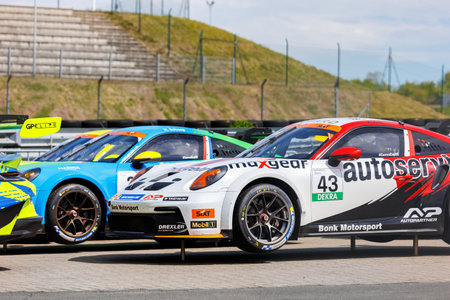 Oschersleben, Germany. 29th April, 2024. Porsche Sixt Carrera Cup Deutschland Scenic view battle fast 992 supercars at Oschersleben Motorsport Arena race track. European motors auto sport competitionのeditorial素材