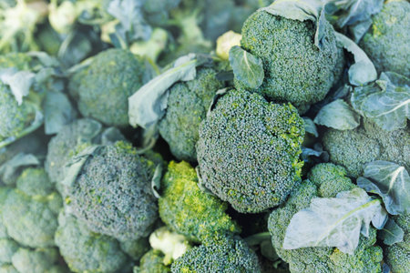Close-up detail view  many fresh  green local farmers broccoli on street market retail counter on sunny day. Local domestic organic plant vegetables at store. Sustainable agricultureの写真素材
