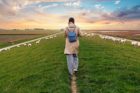 Woman walking many grazing sheep herd scene dike green field pasture meadow grassland North Wadden Sea coast East Friesland Germany warm dramatic sunset sky. Scenic german countryside landscape viewの写真素材